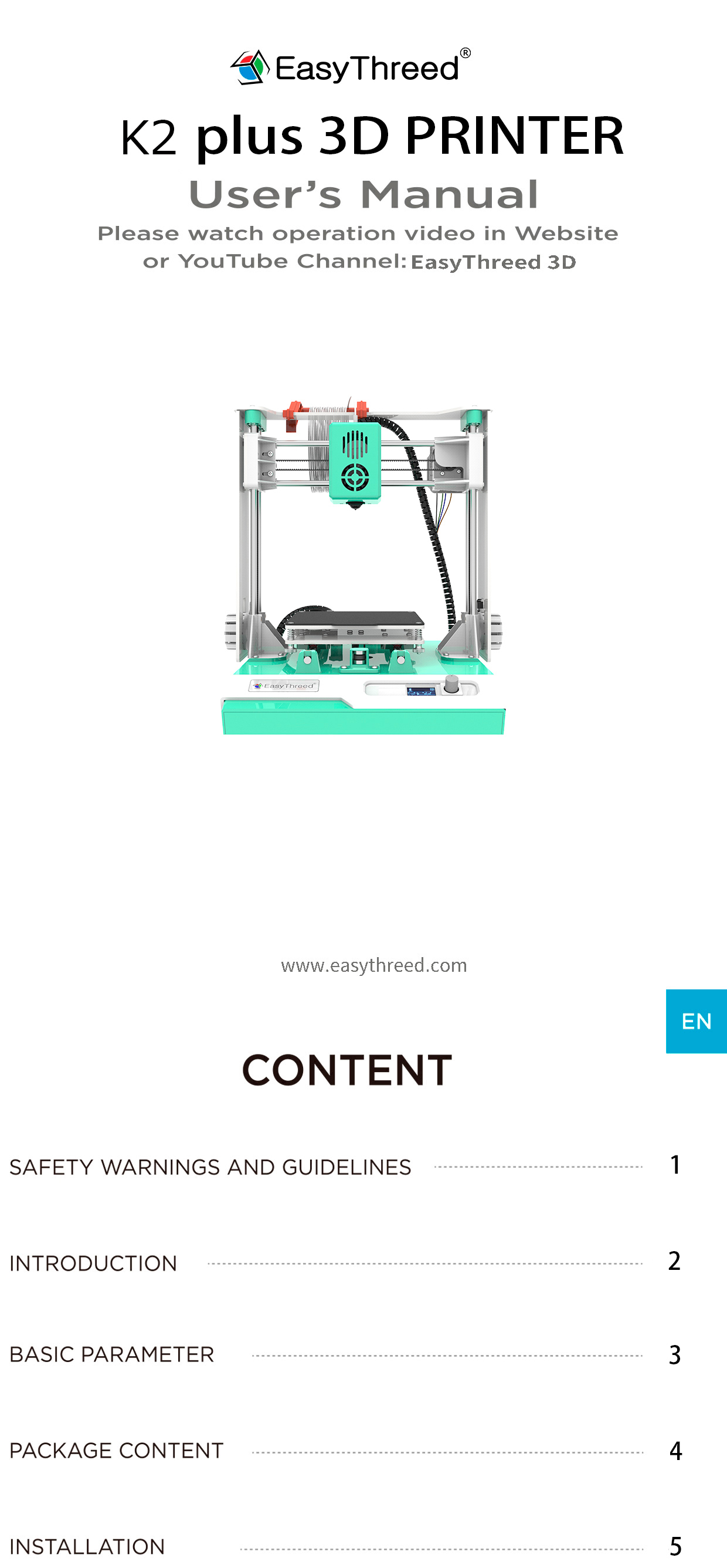 K2 plus manual english easythreed 3d printer